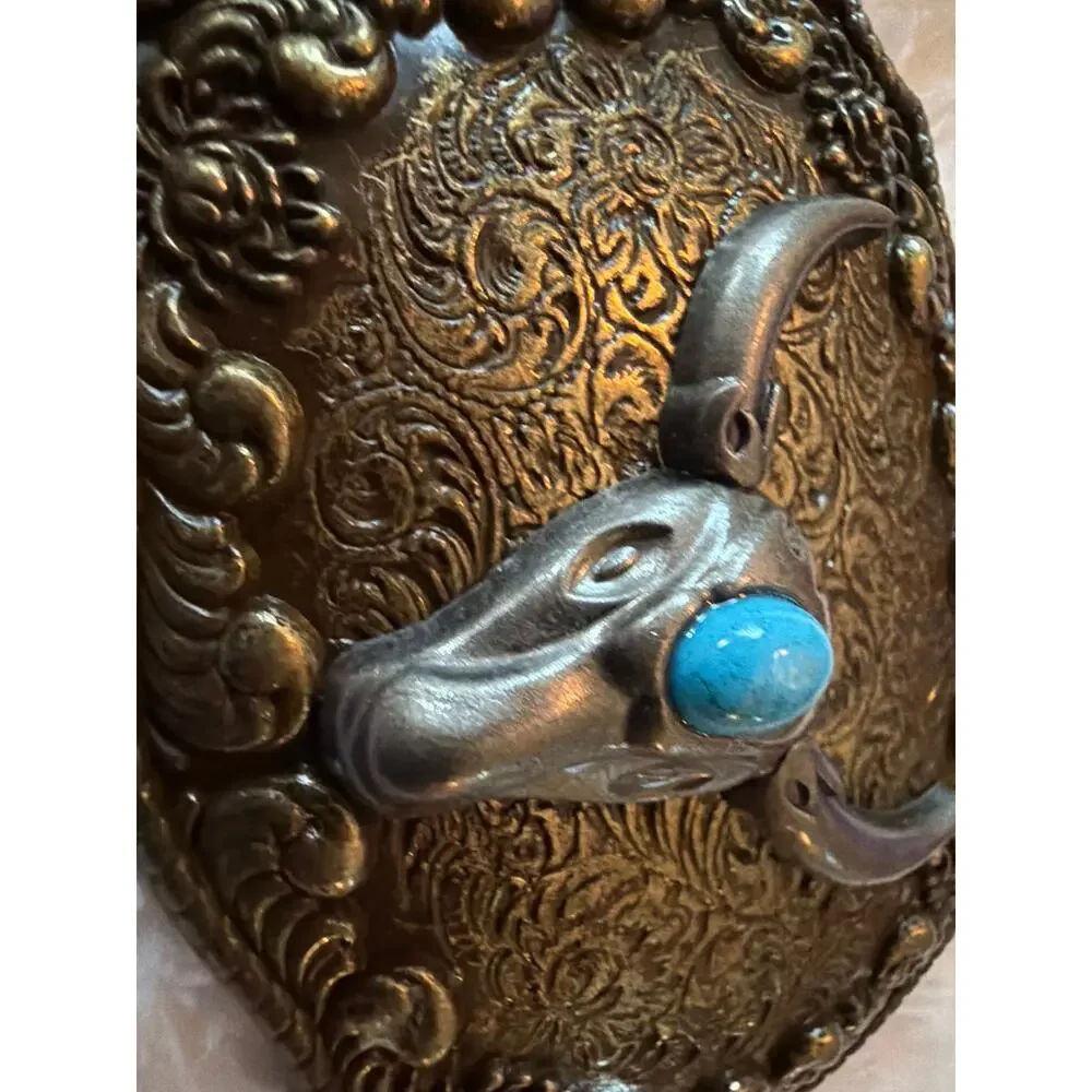 Western Longhorn Steer Skull Belt Buckle Faux Turquoise Antique Brass 3.8